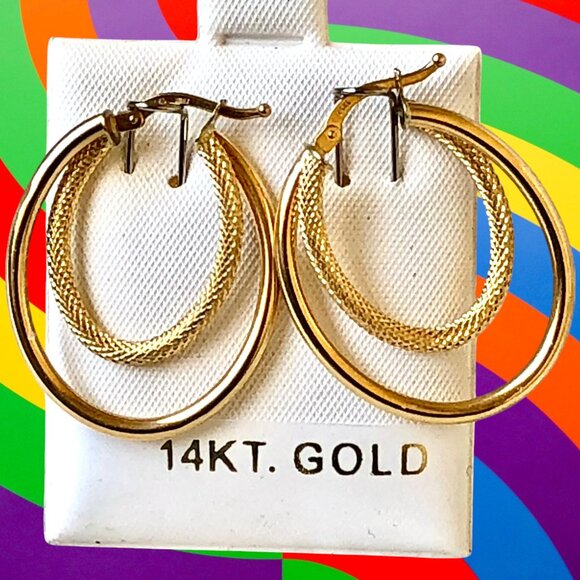 14K Yellow Gold Earrings Duble Hoops Italy 2.2 grams Leverback New - Picture 3 of 15